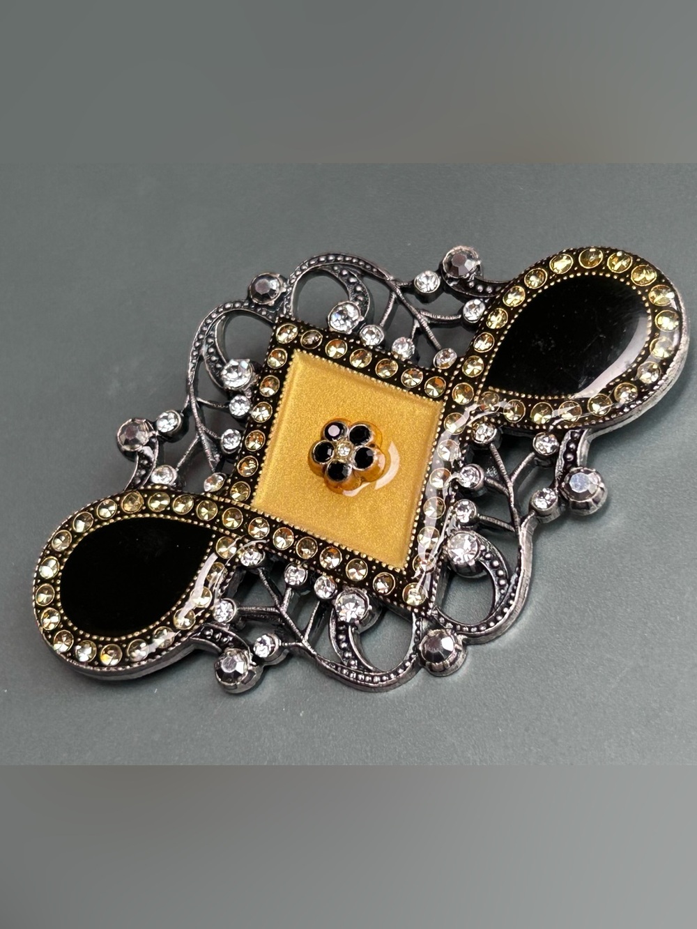 Catherine Popesco Enamal & Rhinestone Statement Brooch in Gold and Black